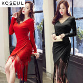 13793747204289 Autumn and winter new Korean women's sexy V-neck long-sleeved tassel bag hip slim slimming dress