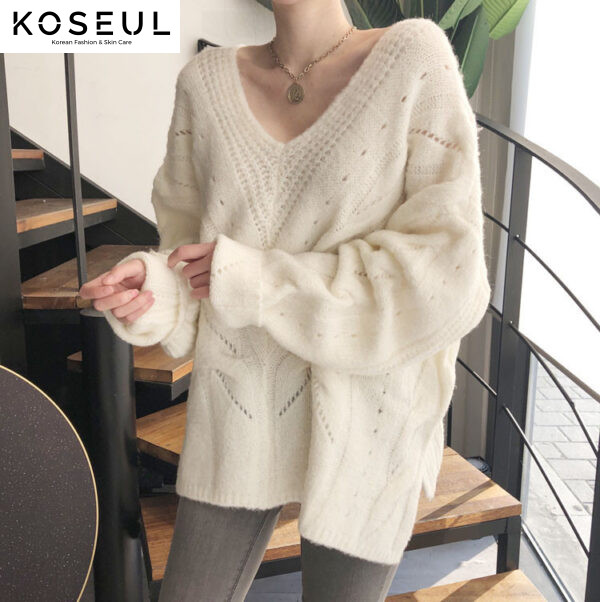 1615348109178 Loose, Lazy And Comfortable Medium Length Jacquard Hollow Out Sweater