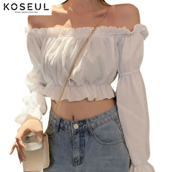 1616118997636 Korean Style One-Shoulder Wooden Ear Chiffon Blouse Ladies Long-Sleeved Shirt