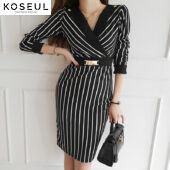 1616821614479 Autumn New Style Japanese and Korean Ladies V-neck Slim Mid-length Color Matching Striped Professional Hip Dress
