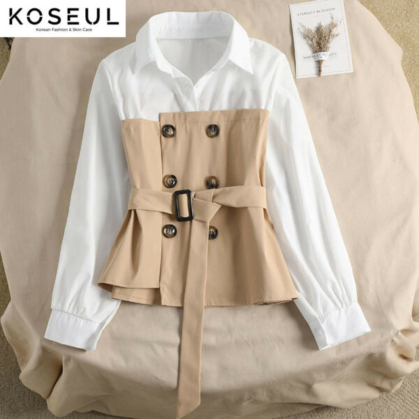 1618798202728 Women's Blouse Korean Loose Spring Two-piece Blouse Stitching POLO Collar Western Style Bandage