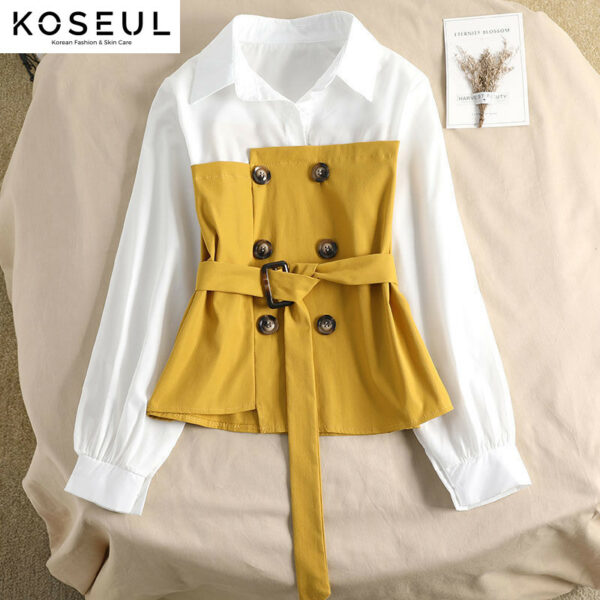 1618798202730 Women's Blouse Korean Loose Spring Two-piece Blouse Stitching POLO Collar Western Style Bandage