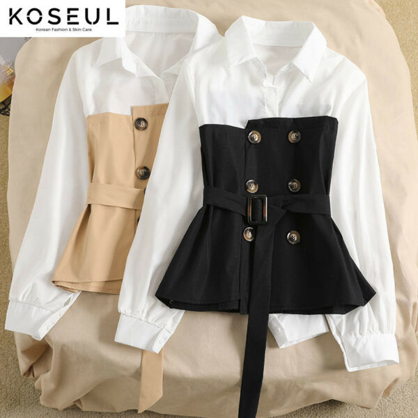 1618798202804 Women's Blouse Korean Loose Spring Two-piece Blouse Stitching POLO Collar Western Style Bandage