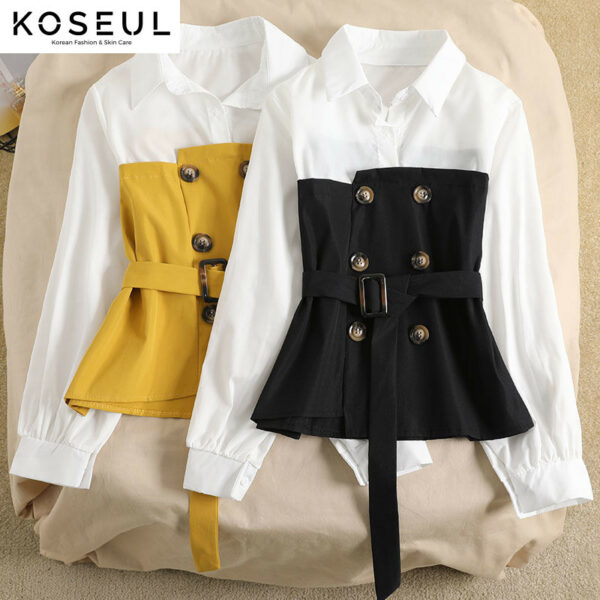 1618798202820 Women's Blouse Korean Loose Spring Two-piece Blouse Stitching POLO Collar Western Style Bandage