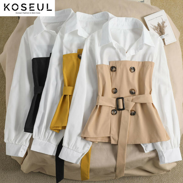 1618798202828 Women's Blouse Korean Loose Spring Two-piece Blouse Stitching POLO Collar Western Style Bandage