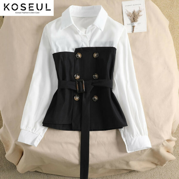 1618798202833 Women's Blouse Korean Loose Spring Two-piece Blouse Stitching POLO Collar Western Style Bandage