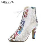 1618803740360 Fashion Fish Mouth Sandals Lace Lace Color Matching Sexy Super High Heel Sandals