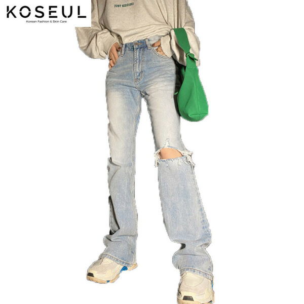 1618812146072 High Waist Slimming Senim Ripped Pants Korean Style Loose Straight Leg Wide-leg Jeans Women