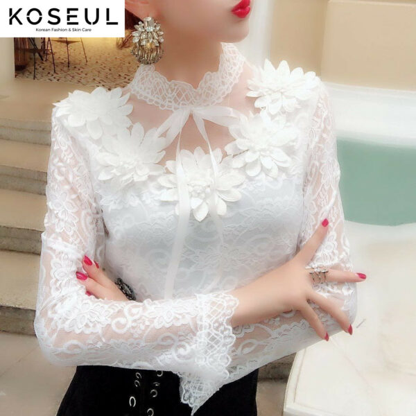 1619059175332 Women Shirts Lace Long Sleeve Blouse Bow Sweet Floral Hollow Lace Blouses Shirt Female Mesh Blusas Spring Women Tops X01F