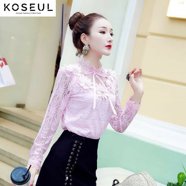 1619059175334 Women Shirts Lace Long Sleeve Blouse Bow Sweet Floral Hollow Lace Blouses Shirt Female Mesh Blusas Spring Women Tops X01F