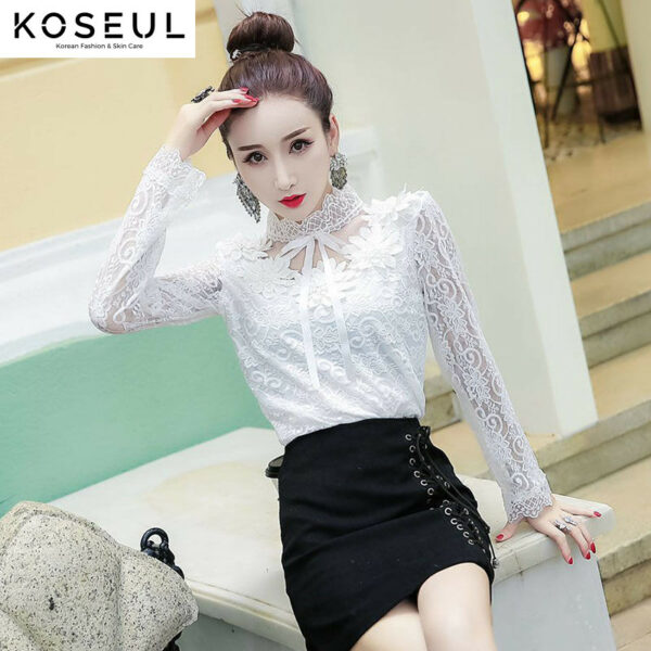 1619059175335 Women Shirts Lace Long Sleeve Blouse Bow Sweet Floral Hollow Lace Blouses Shirt Female Mesh Blusas Spring Women Tops X01F
