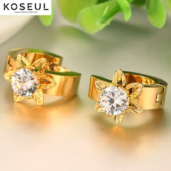 1622341900713 Accessories Stainless Steel Single Diamond Gold Earrings Korean Style Ladies Petal Earrings