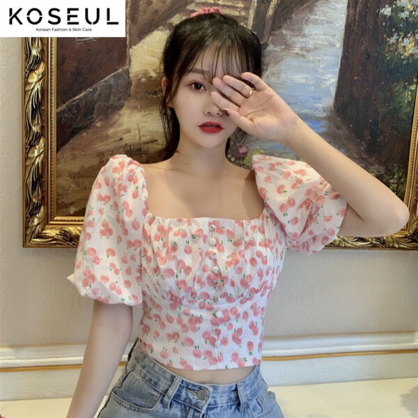 1884058403645 Lace-up floral short-sleeved blouse