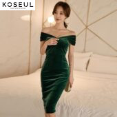 2527772865338 Autumn and winter new Korean female elegant V-neck gorgeous velvet mini dress Slim feminine bag hip dress