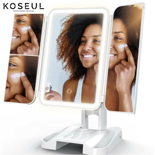 3386a08a 0643 4f9c 98ad 52b8620f9328 LED Light Makeup Mirror Magnifying Cosmetic 3 Fold Vanity Mirror 180 Rotation Adjustable Touch Dimmer Table Makeup Mirror