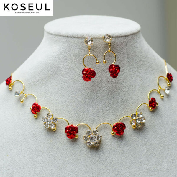 3707264767 712269834 New Korean bridal jewelry necklace, earring, red rose necklace set, Wedding Toasting dress, accessories