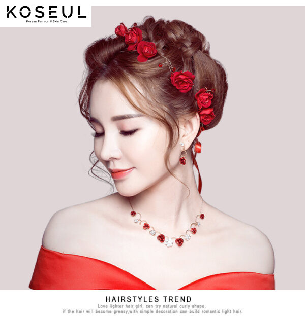 4895622728 712269834 New Korean bridal jewelry necklace, earring, red rose necklace set, Wedding Toasting dress, accessories