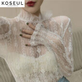 57277396271222 Lace blouse with half high neck