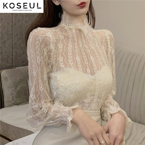 76158642910226 Lace blouse with half high neck