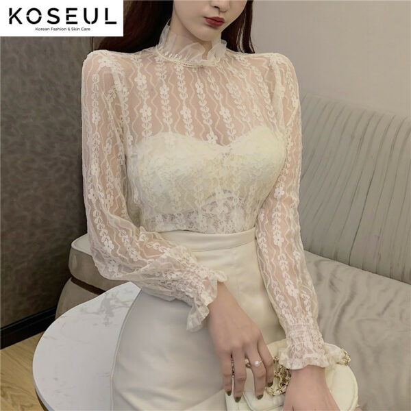 956907381485 Lace blouse with half high neck