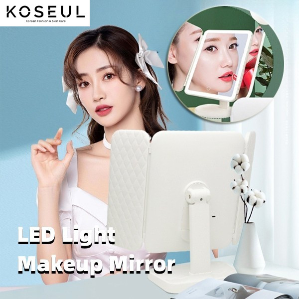 ff40d283 e11e 4de4 838e fac810134b3d LED Light Makeup Mirror Magnifying Cosmetic 3 Fold Vanity Mirror 180 Rotation Adjustable Touch Dimmer Table Makeup Mirror